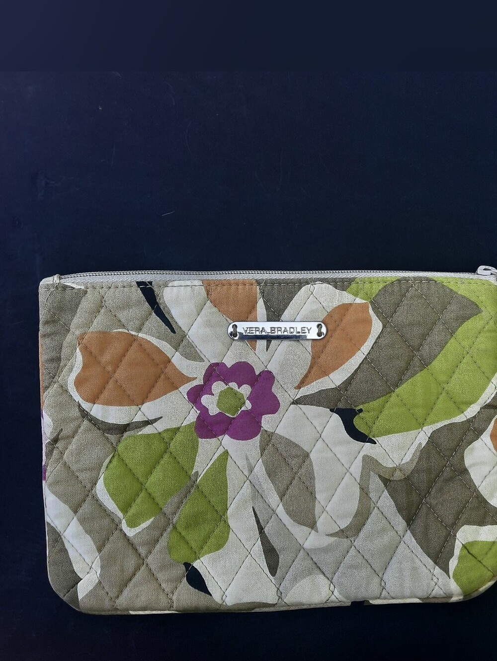 Vera Bradley Quilted Cotton Cosmetic Bag Zippered Green White 8.5 x 6.5"